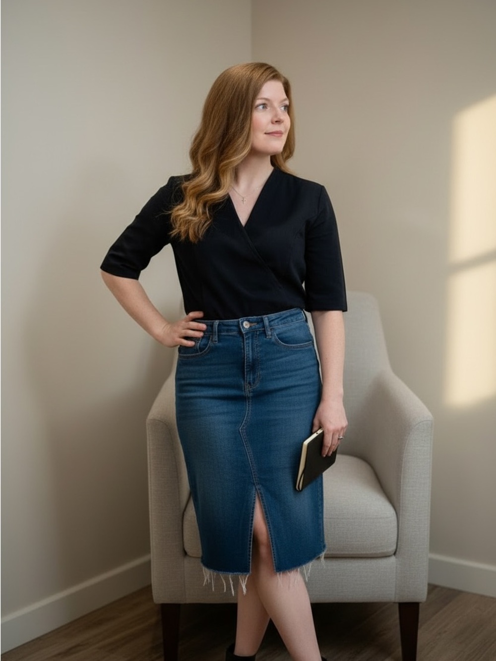 Calvin Klein Jeans Dark Blue Denim Midi Pencil Skirt with Front Slit